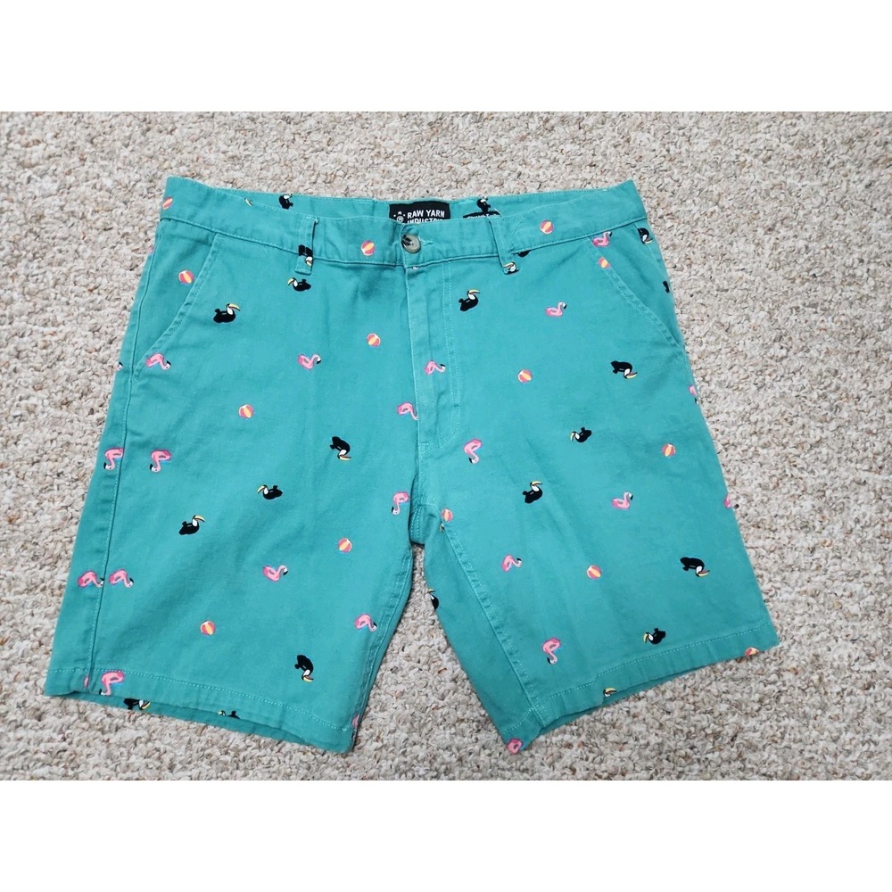 Raw Yarn Industries Green Flamingo Toucan Stretch Twill Shorts Mens 36x9 Vintage